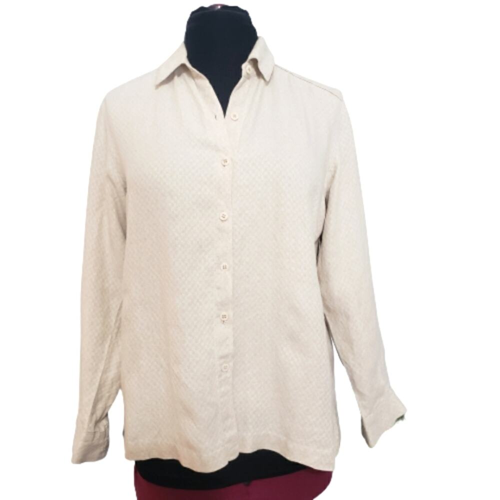 Eileen Fisher Linen Long Sleeve Top PM Neutral Minimal‎ Old Money Quiet Luxury